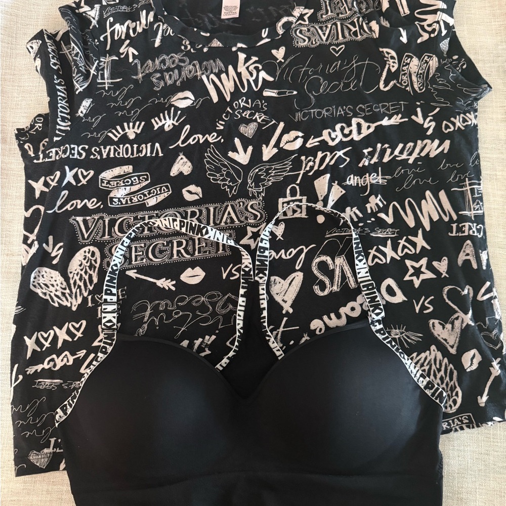Victoria's Secret Black and White Graphic T-Shirt and Wireless Racerback Bra